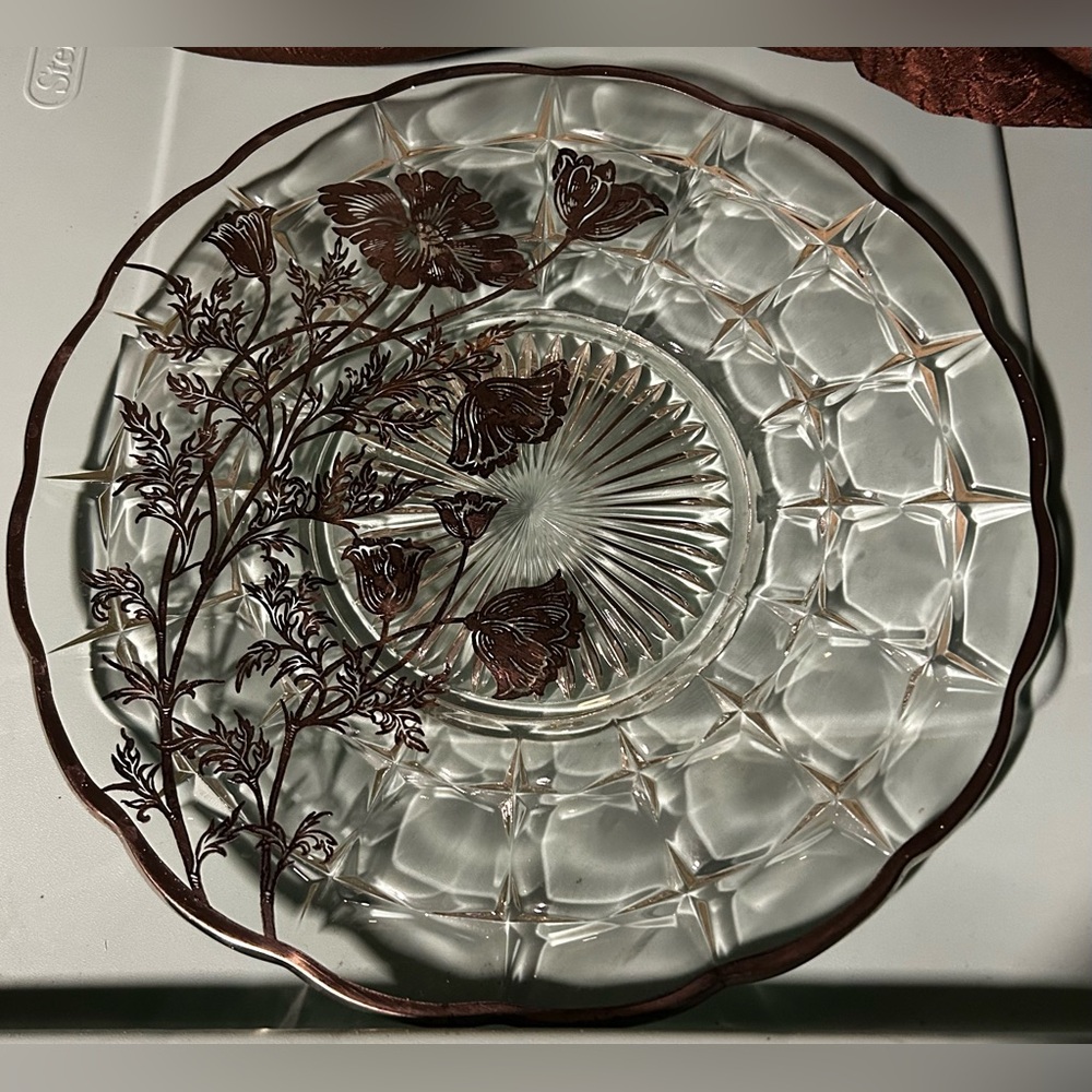 vintage "Flanders" poppy pattern crystal Floral Glass Decorative serving Plate